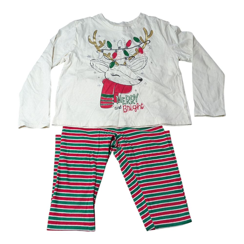 Holiday Time - Christmas Outfit -Cute Reindeer Top-Elf Striped Legging Size 7-8